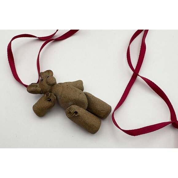 Primitive Teddy Bear Christmas Ornament Heart Jointed Legs Arms with Red Ribbon - Picture 4 of 7